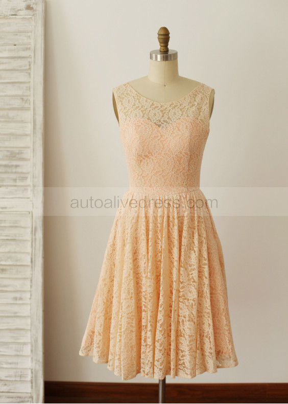 Peach Pink Lace Deep V Back Short Bridesmaid Dress 